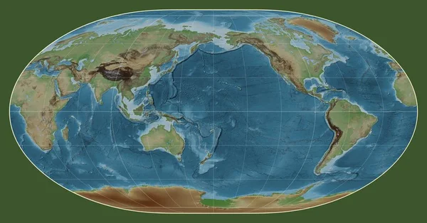以经线180为中心的Loximuthal投影绘制的世界彩色高程图 — 图库照片