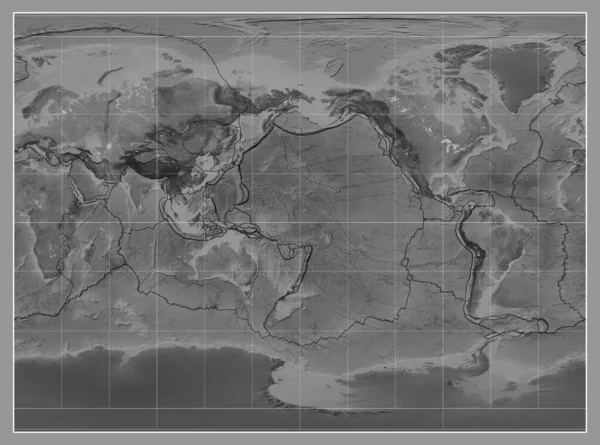 Tectonic Plate Boundaries Grayscale Map World Miller Cylindrical Projection Centered — Stock Photo, Image