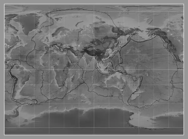 Miller Silindirik Projeksiyonunda Dünyanın Gri Tonlu Haritasında Tektonik Levha Sınırları — Stok fotoğraf