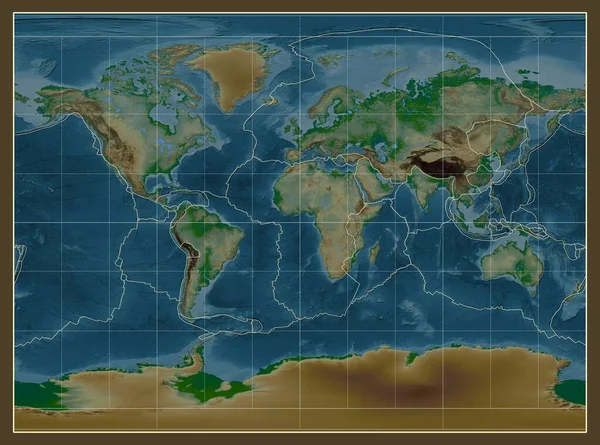자오선을 중심으로 원통형 투영에서 세계의 물리적지도에 지각판 — 스톡 사진