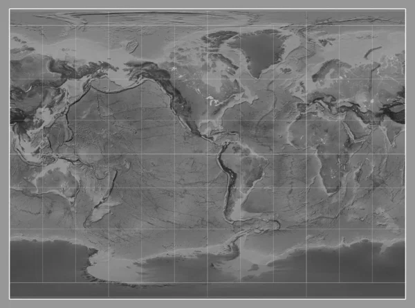 자오선을 중심으로 원통형 투영에서 세계의 그레이스케일 — 스톡 사진