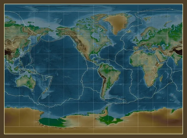 Granice Płyt Tektonicznych Fizycznej Mapie Świata Projekcji Cylindrycznej Millera Skupionej — Zdjęcie stockowe