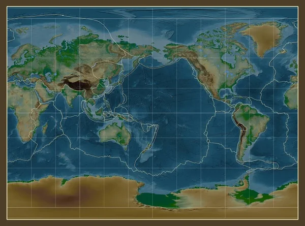 메리디안 180 경도를 중심으로 원통형 투영에서 세계의 물리적지도에 지각판 — 스톡 사진