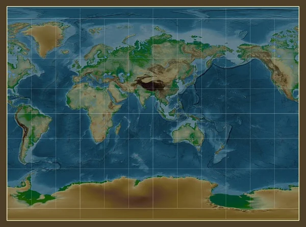 以东经90度经线为中心的米勒圆柱形投影中的世界物理图 — 图库照片