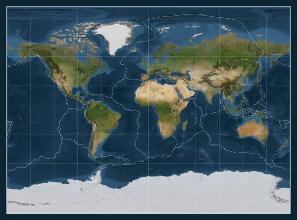 자오선을 중심으로 원통형 투영에서 세계의 지도에 지각판 — 스톡 사진