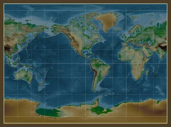 원통형 프로젝션의 세계의 물리적지도는 자오선을 중심으로 — 스톡 사진
