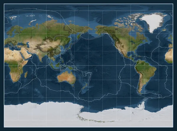 메리디안 180 경도를 중심으로 원통형 투영에서 세계의 지도에 지각판 — 스톡 사진