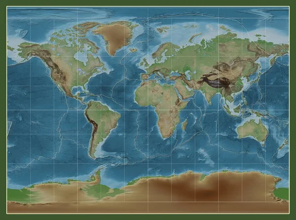 メリディアン 経度を中心としたミラーシリンダー投影の世界の色付き標高地図上のテクトニックプレート境界 — ストック写真