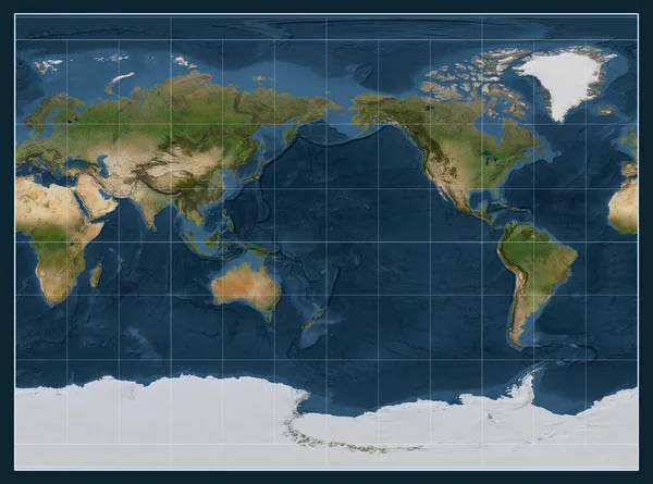 Mapa Satelitarna Świata Projekcji Miller Cylindrical Skupionej Południku 180 Długość — Zdjęcie stockowe