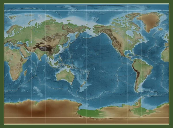メリディアン180度を中心としたミラーシリンダー投影の世界の色付き標高地図上のテクトニックプレート境界線 — ストック写真