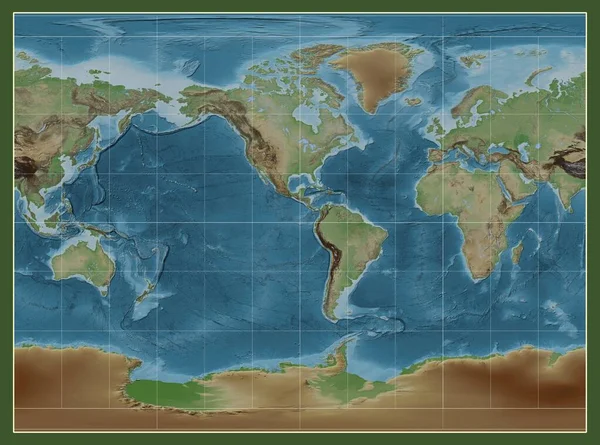 以西经90度经为中心的米勒圆柱投影中的世界彩色高程图 — 图库照片