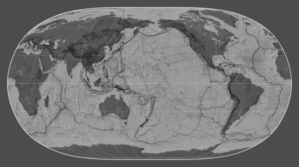 Granice Płyt Tektonicznych Dwupoziomowej Mapie Świata Projekcji Natural Earth Skupionej — Zdjęcie stockowe