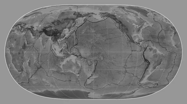 マリジアン180度を中心とした自然地球Ii投影の世界のグレースケール地図上のテクトニックプレート境界線 — ストック写真