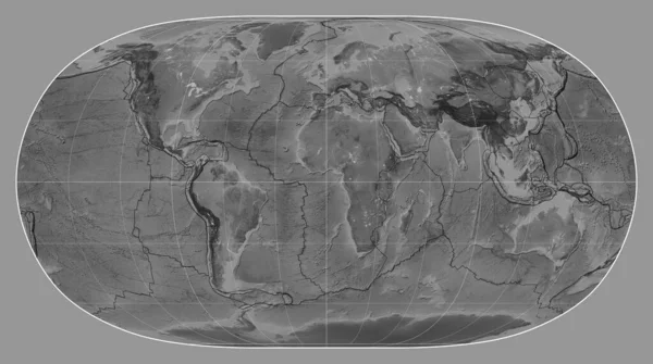 Границы Тектонических Плит Карте Мира Оттенках Серого Проекции Естественной Земли — стоковое фото
