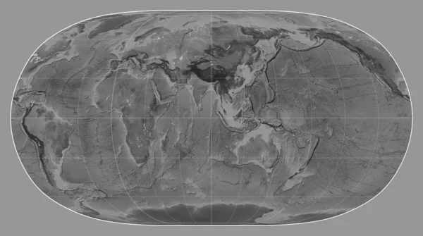 メリディアン90東経を中心とした自然地球Ii投影の世界のグレースケール地図 — ストック写真