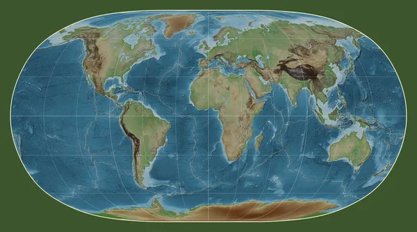 以经线0经度为中心的自然地球Ii投影中的世界彩色高程地图上的构造板块边界 — 图库照片
