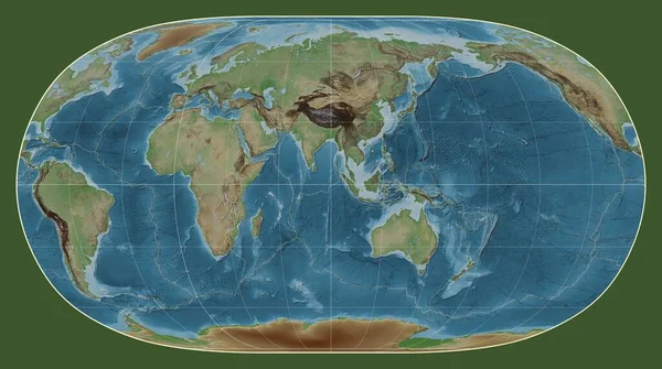 以东经90度子午线为中心的世界自然地球Ii投影的彩色高程地图上的构造板块边界 — 图库照片