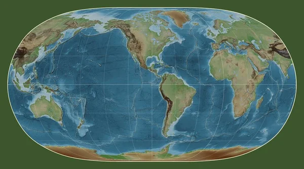 以经线 90西经为中心的自然地球Ii投影的世界彩色高程地图上的构造板块边界 — 图库照片
