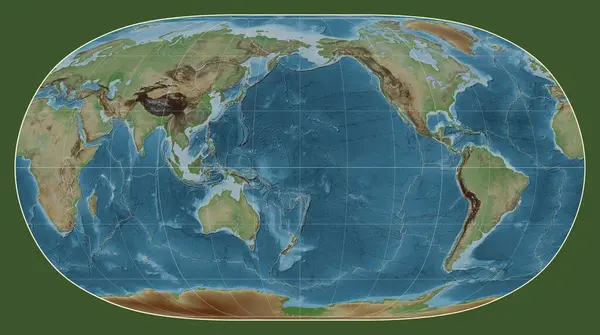 以经线180经度为中心的自然地球Ii投影中的世界彩色高程图的构造板块边界 — 图库照片