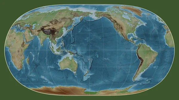 Doğal Dünya Projeksiyonundaki Dünyanın Renkli Yükseklik Haritası Meridyen 180 Boylam — Stok fotoğraf