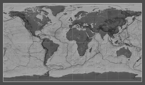 マリジアン 経度を中心としたパターソン円筒形投影の世界の胆汁地図上のテクトニックプレート境界 — ストック写真