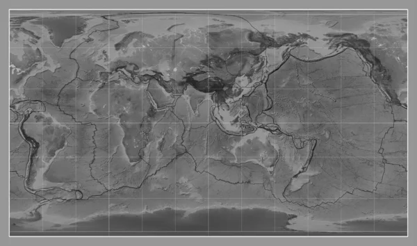パターソン シリンドリカル プロジェクションの世界のグレースケール地図上のテクトニックプレート境界線 — ストック写真