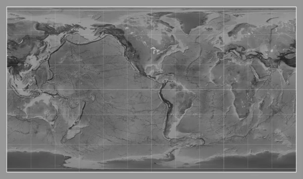 メリディアンを中心としたパターソン円筒形投影の世界のグレースケール地図 — ストック写真