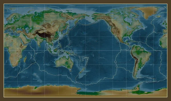 180度の経度を中心としたパターソン円筒投影の世界の物理的な地図上のテクトニックプレート境界 — ストック写真