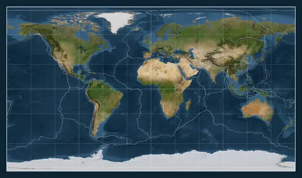 자오선을 중심으로 패터슨 원통형 투영에서 세계의 지도에 지각판 — 스톡 사진