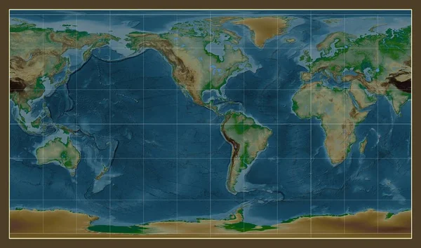 Patterson Silindirik Projeksiyonunda Dünyanın Fiziksel Haritası Meridyen Eksi Batı Boylamı — Stok fotoğraf
