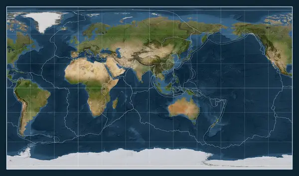 자오선을 중심으로 패터슨 원통형 투영에서 세계의 지도에 지각판 — 스톡 사진