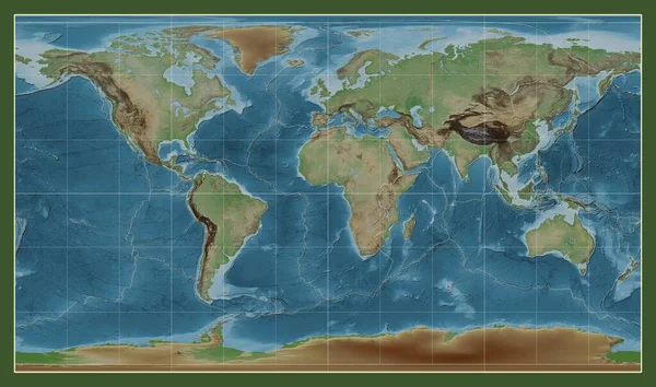 Granice Płyt Tektonicznych Kolorowej Mapie Wzniesień Świata Projekcji Cylindrycznej Pattersona — Zdjęcie stockowe
