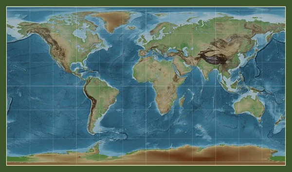 Patterson Silindirik Projeksiyonunda Meridyen Boylamı Merkezli Dünyanın Renkli Yükseklik Haritası — Stok fotoğraf