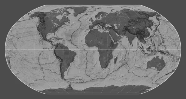 メリディアン 経度を中心としたロビンソン投影の世界の胆汁地図上のテクトニックプレート境界 — ストック写真