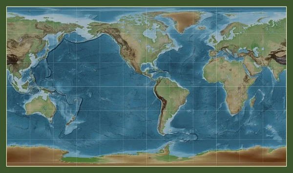 자오선을 중심으로 패터슨 원통형 투영에서 세계의 고도지도 — 스톡 사진