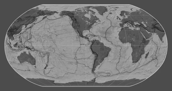Límites Placas Tectónicas Mapa Bilevel Del Mundo Proyección Robinson Centrada —  Fotos de Stock