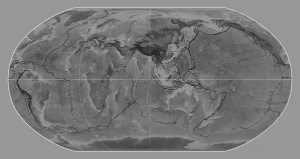 Границы Тектонических Плит Карте Мира Сером Масштабе Проекции Робинсона Центром — стоковое фото