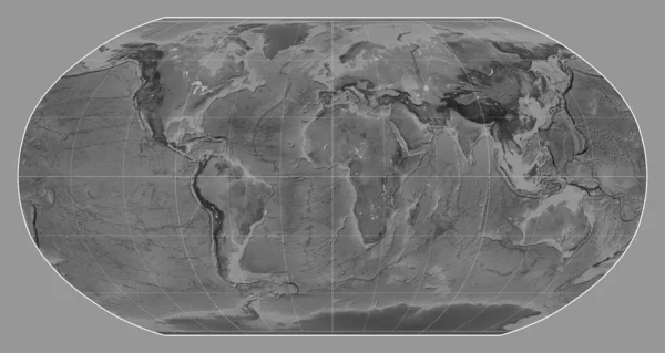 Grayscale Χάρτη Του Κόσμου Στην Προβολή Robinson Επικεντρώνεται Στο Μεσημβρινό — Φωτογραφία Αρχείου