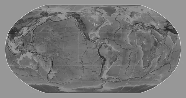Robinson Projeksiyonunda Dünyanın Gri Tonlu Haritasında Tektonik Plaka Sınırları Meridyen — Stok fotoğraf