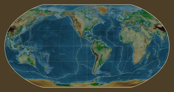 位于西经90度的鲁宾逊投影中的世界物理地图上的构造板块边界 — 图库照片