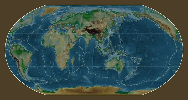 位于东经90度中心的鲁宾逊投影中的世界物理地图上的构造板块边界 — 图库照片