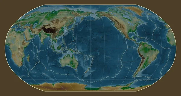 位于经线180度中心的鲁宾逊投影中的世界物理地图上的构造板块边界 — 图库照片