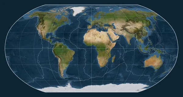 Límites Placas Tectónicas Mapa Satelital Del Mundo Proyección Robinson Centrada — Foto de Stock