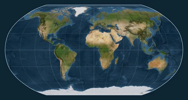 Mappa Satellitare Del Mondo Nella Proiezione Robinson Centrata Sul Meridiano — Foto Stock