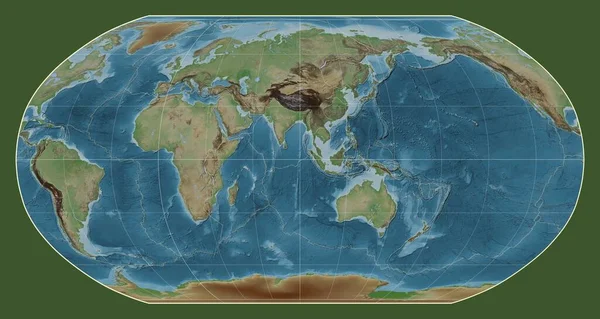 以东经90度子午线为中心的鲁宾逊投影世界彩色高程图上的构造板块边界 — 图库照片