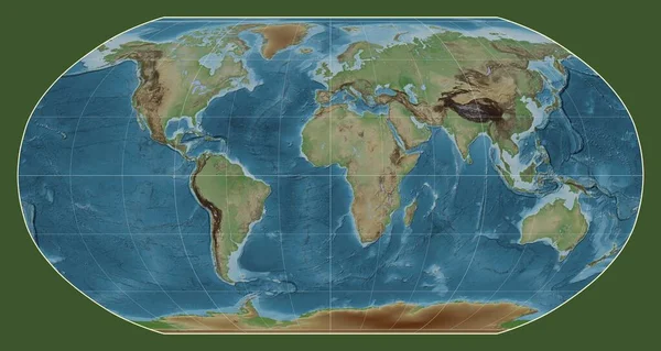 以经线0为中心的罗宾逊投影绘制的世界彩色高程图 — 图库照片