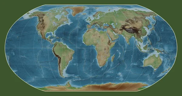以经线0经度为中心的鲁宾逊投影中的世界彩色高程地图上的构造板块边界 — 图库照片