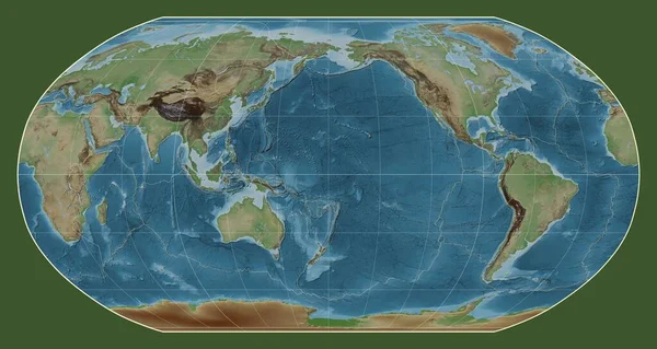 Granice Płyt Tektonicznych Kolorowej Mapie Wzniesień Świata Projekcji Robinsona Skupionej — Zdjęcie stockowe
