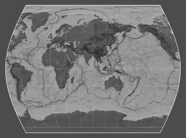 자오선 경도를 중심으로 타임즈 투영에서 세계의 담즙지도에 지각판 — 스톡 사진
