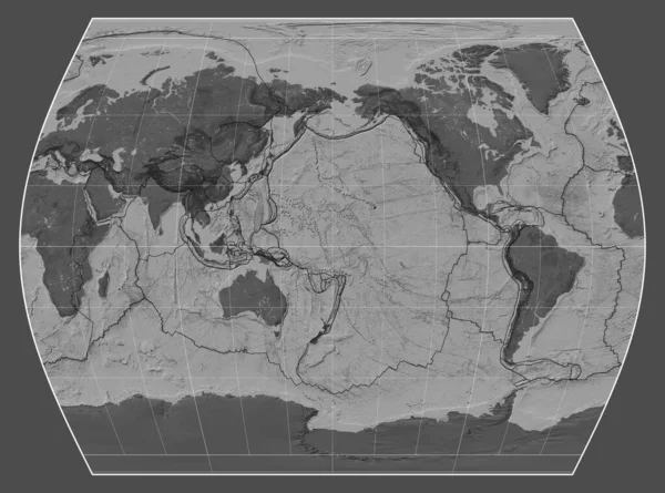 메리디안 180 경도를 중심으로 타임즈 투영에서 세계의 지도에 지각판 — 스톡 사진